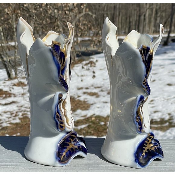 PAIR of Antique Victorian Blue Gilt Porcelain Leaves Vase Art Nouveau Mantel - Picture 8 of 16